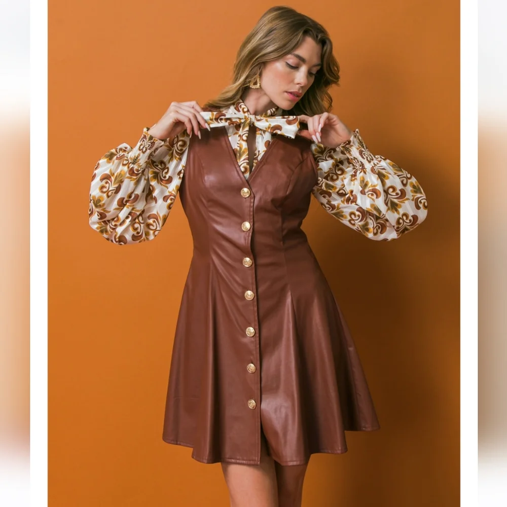 Brown faux leather mini dress - Picture 1 of 4